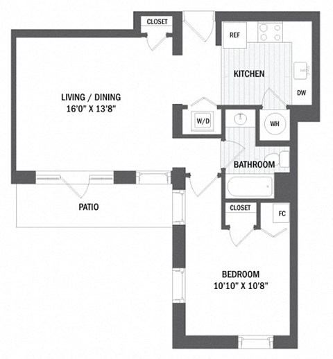 Floor plan for 1 bed, 1 bath, 606 sqft